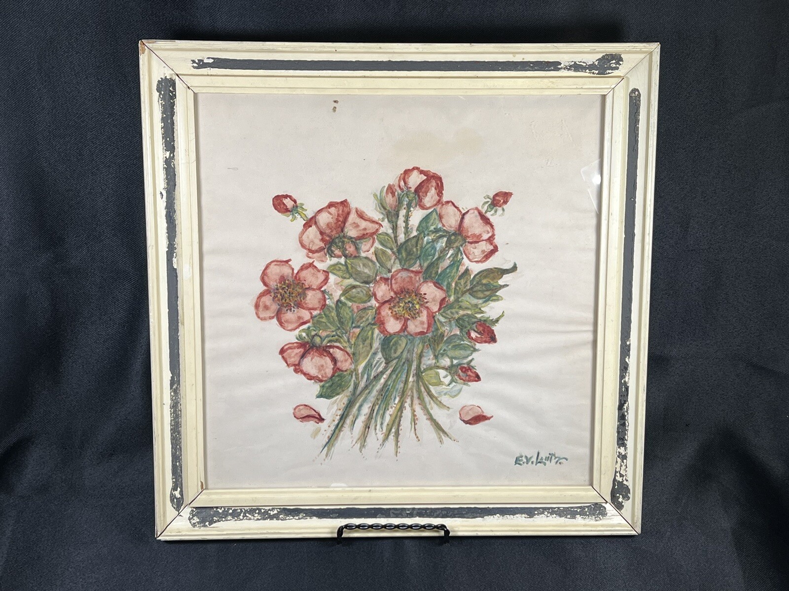 Vintage OOAK Original Signed Framed Watercolor Wild Roses Bouquet 12×12”