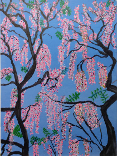 Cherry Blossoms Acrylic Painting Blue Sky Background Painting 9 X12 Flat Canvas