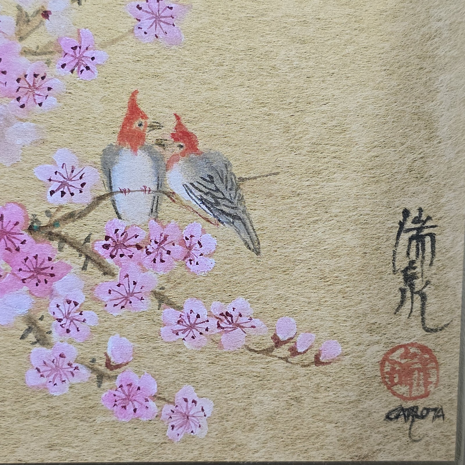 Vtg 3 Original Panel Cherry Blossoms & Birds Watercolor Paintings Framed