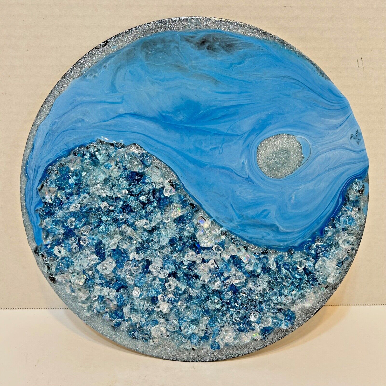 Vintage Handcrafted Blue Resin 3D Art Piece Abstract Sky Ocean Round 10″ Hanging