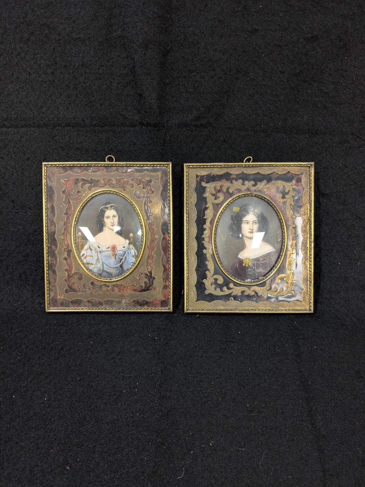 Pr. Of Antique Portrait Miniatures In Boulle Louis XIV Style Frames Hand Painted