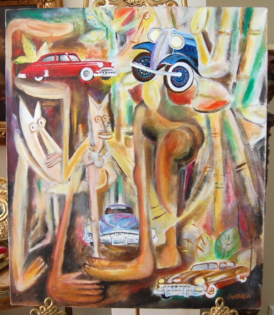 LARGE BOLD MODERN ART STYLE PAINTING OF CLASSIC CARS & FIGURES ARTIST: ARISTIDE