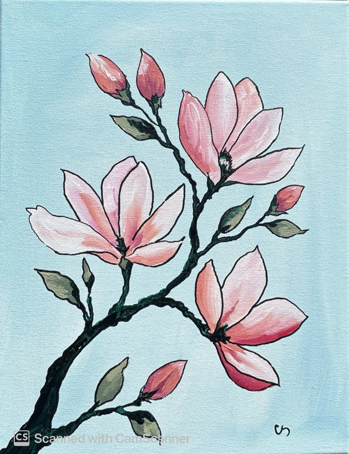 Blush Pink Magnolia Branch Original Acrylic Painting 11×14 Signed Canvas Art