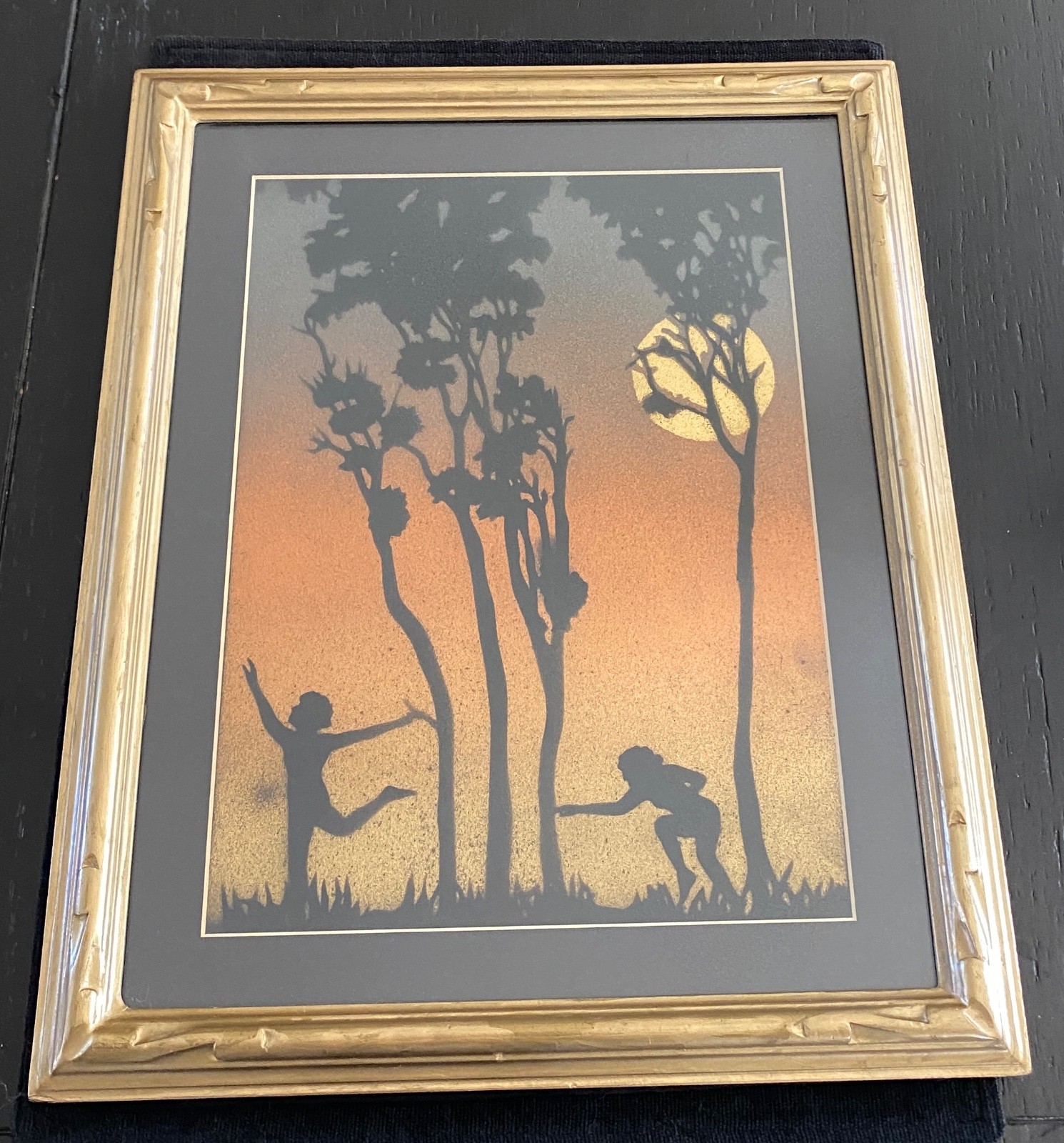 VTG Framed Art Reverse Paint Silhouette Figures Sunset Scene Trees Moon