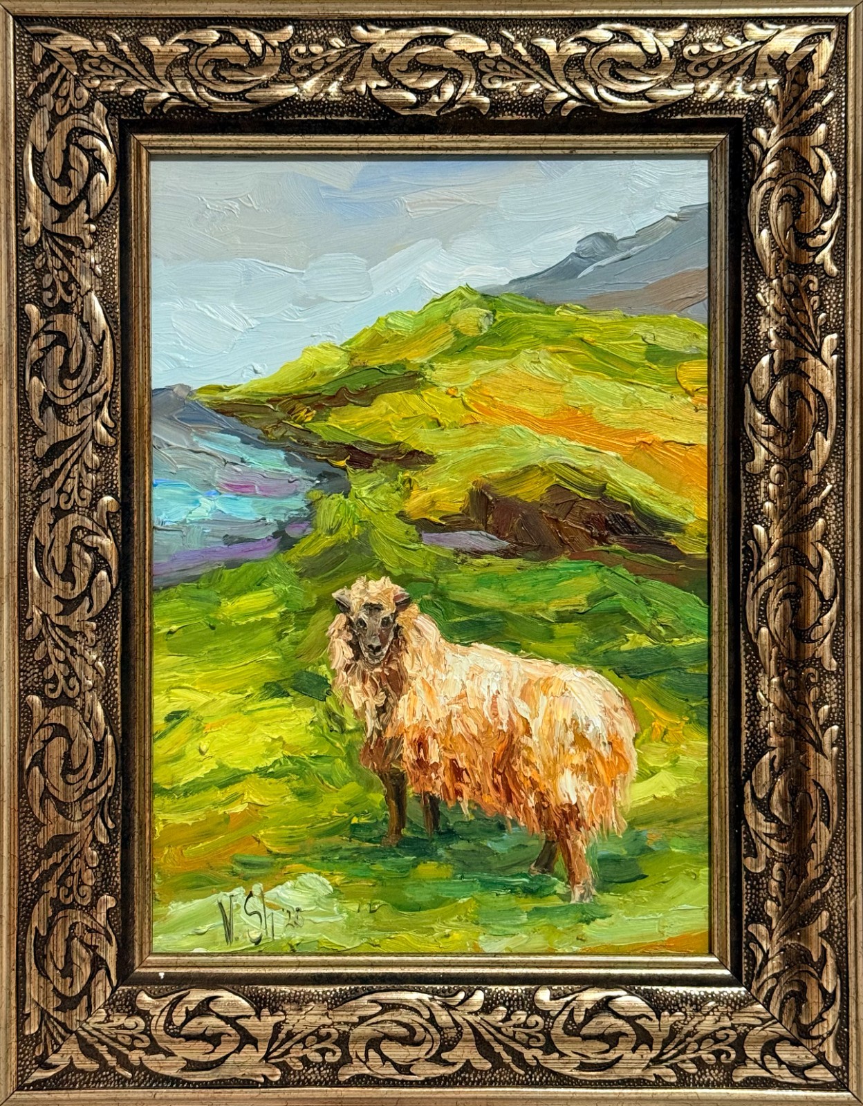 Sheep Landscape Oil Painting Original Farm Animals Impasto Art Framed 13×10 in
