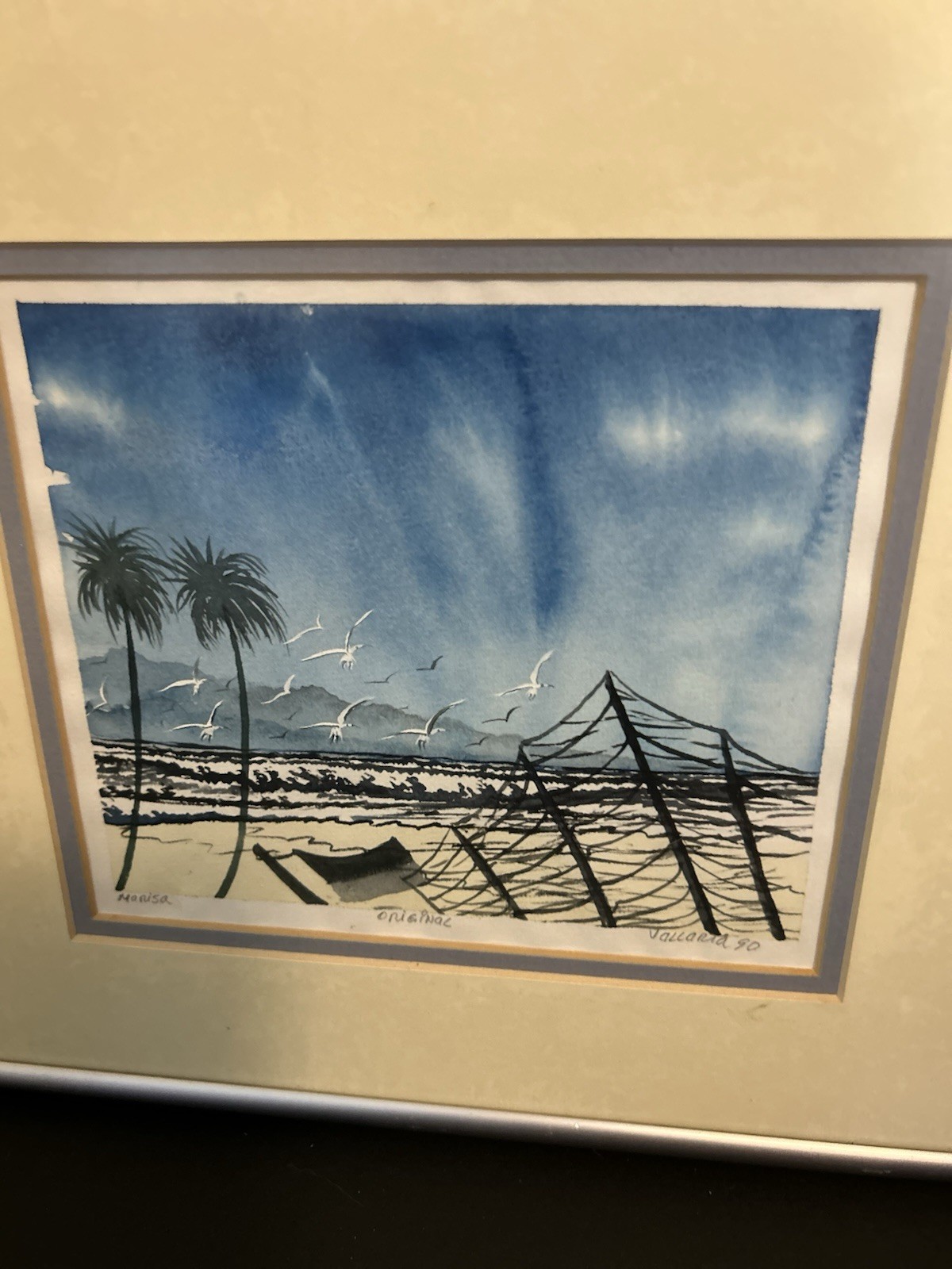 Beachfront Watercolor Painting Palms Seagulls Original Manisa By Vallaria 1990
