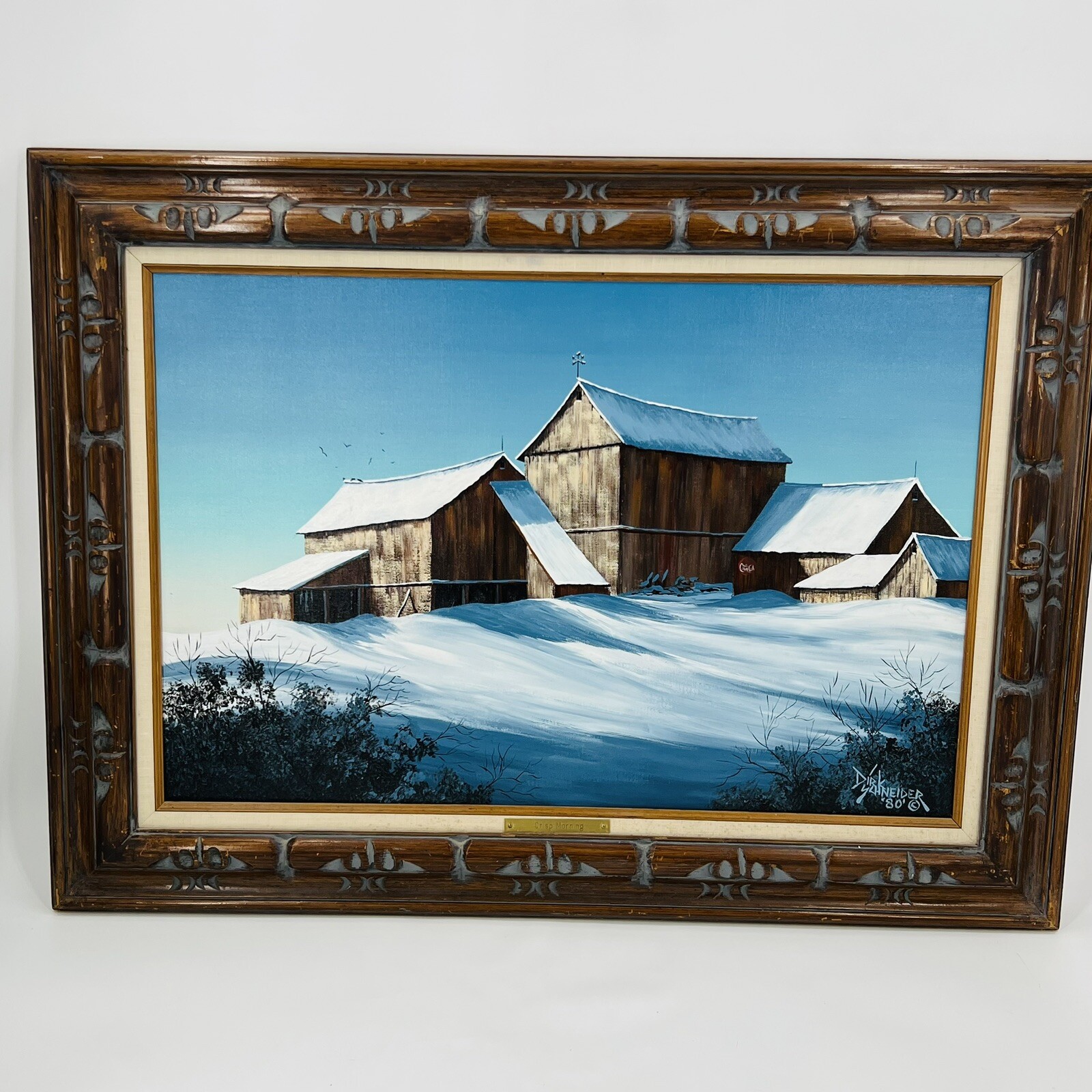 Vintage 1980 Dirk Schneider Crisp Morning Winter Barn Original Oil Painting Lg