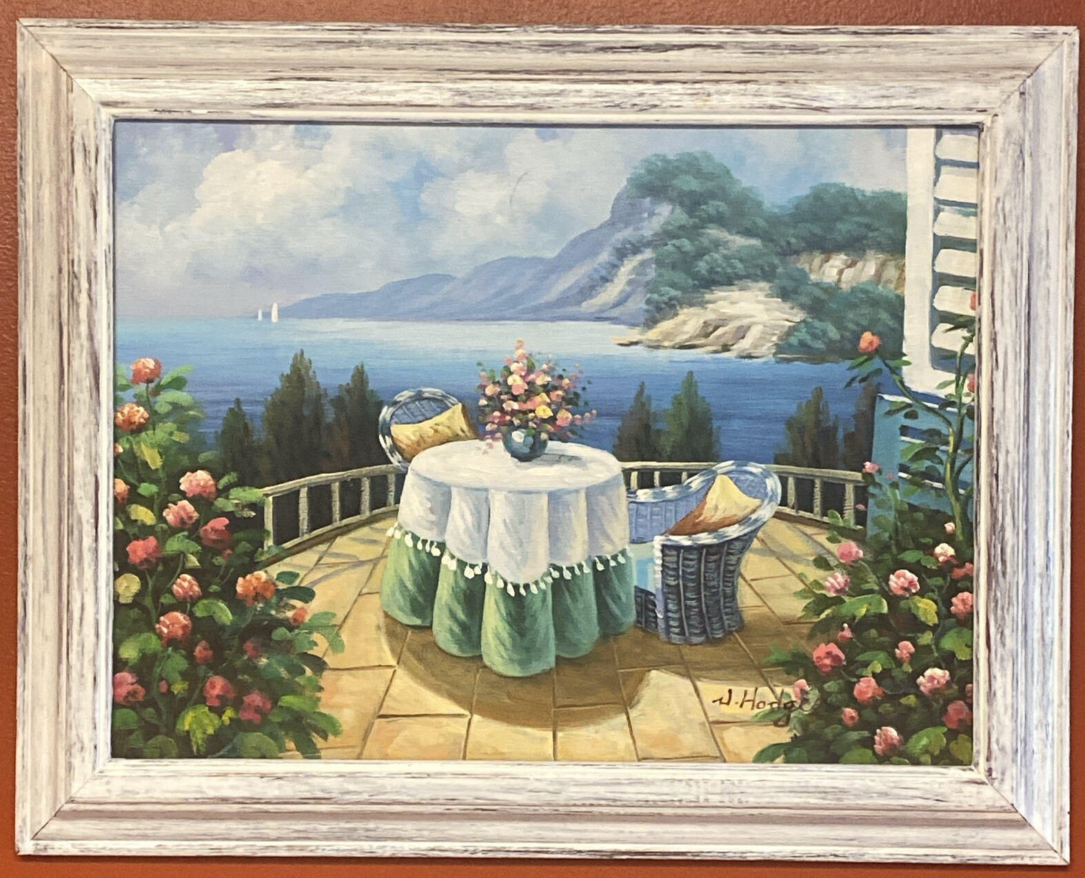 Canvas Oil Painting Seaside Ocean Landscape Veranda Patio Framed Signed Hodges