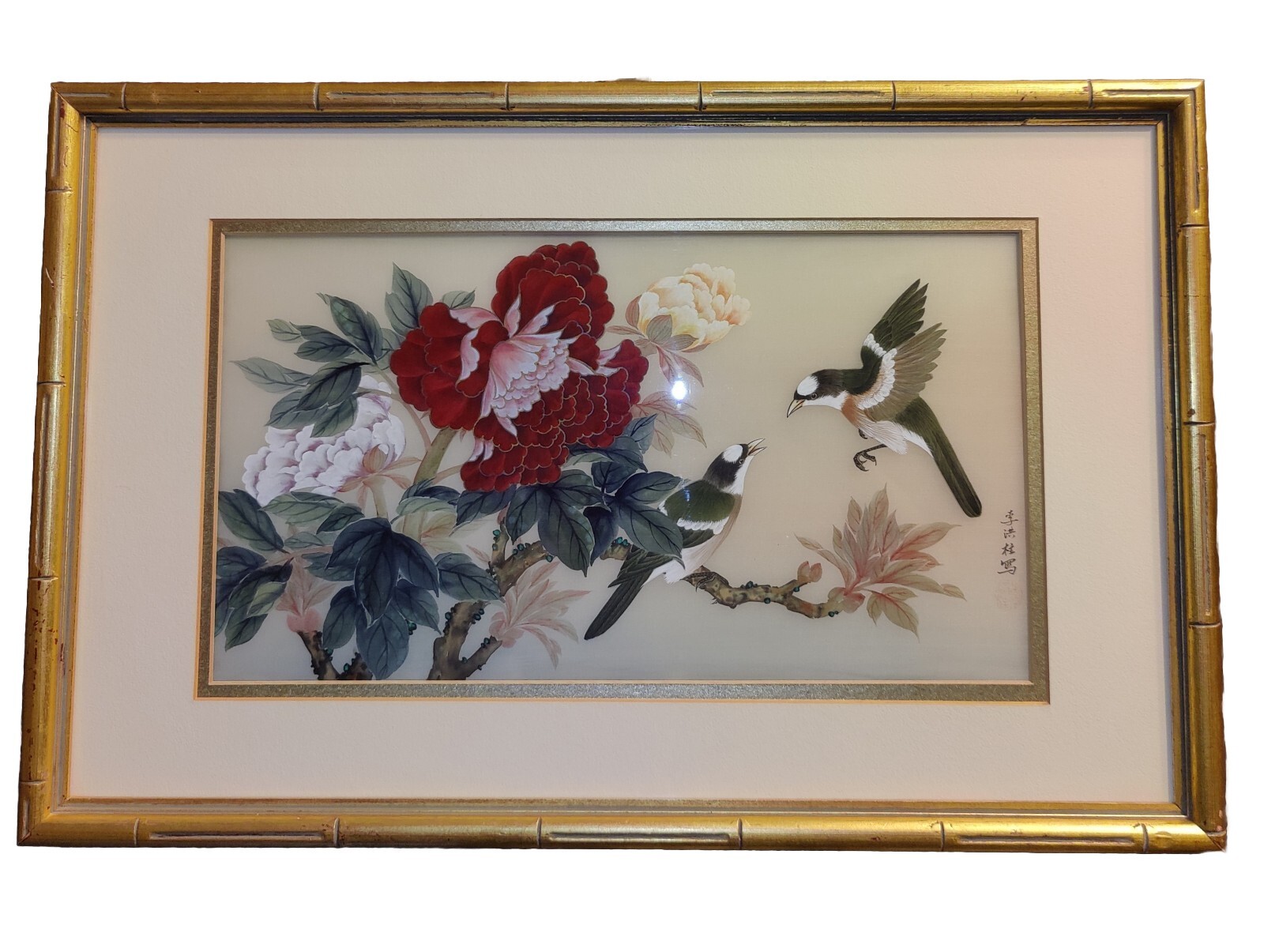 Silk Art Painting Bird Flower Branches Red Pink Gold Green Brown Frame Li Hong