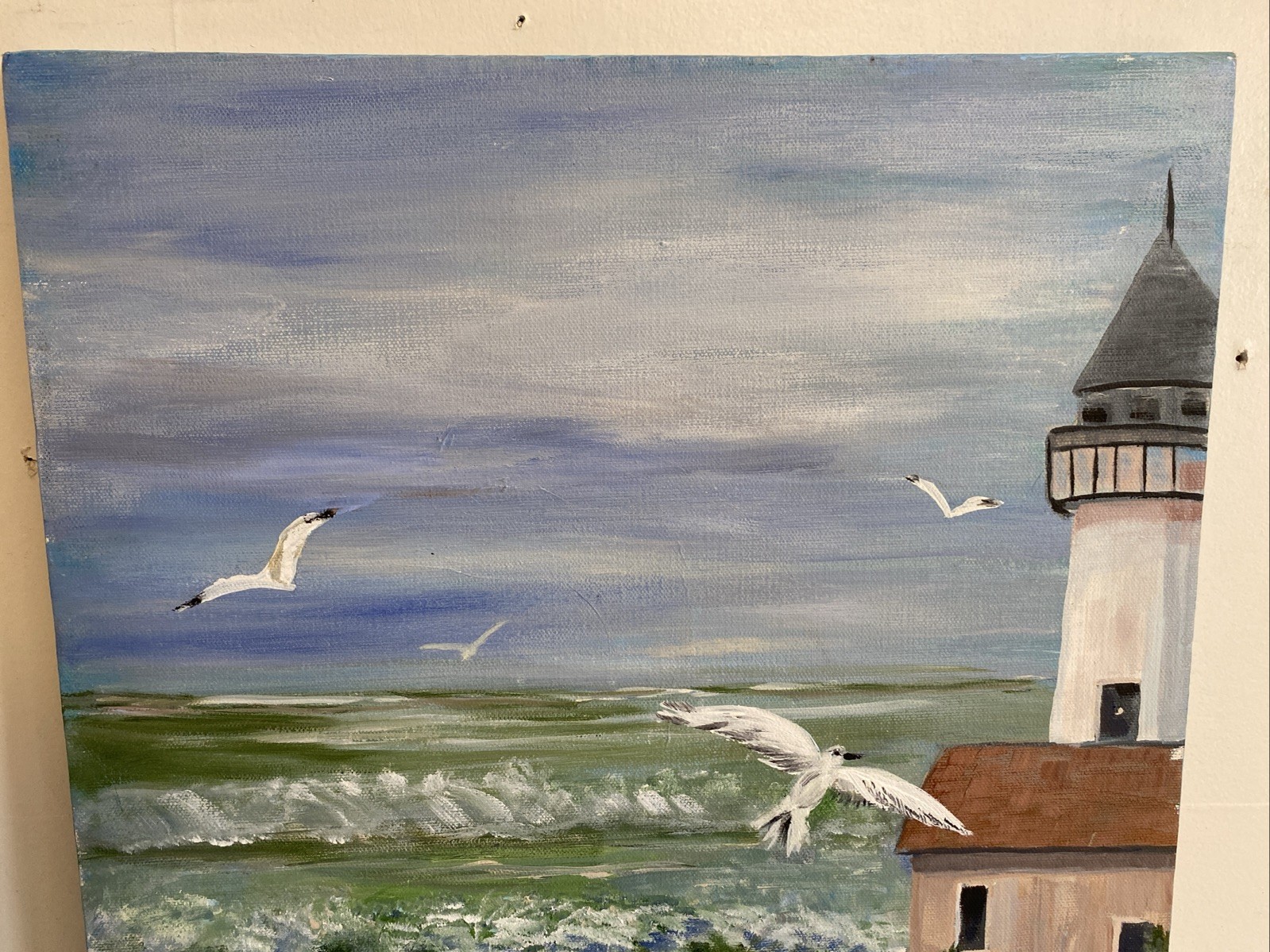 Seascape Lighthouse Acrylic Painting Signed WEBB Waves Crashing Rock Seagulls
