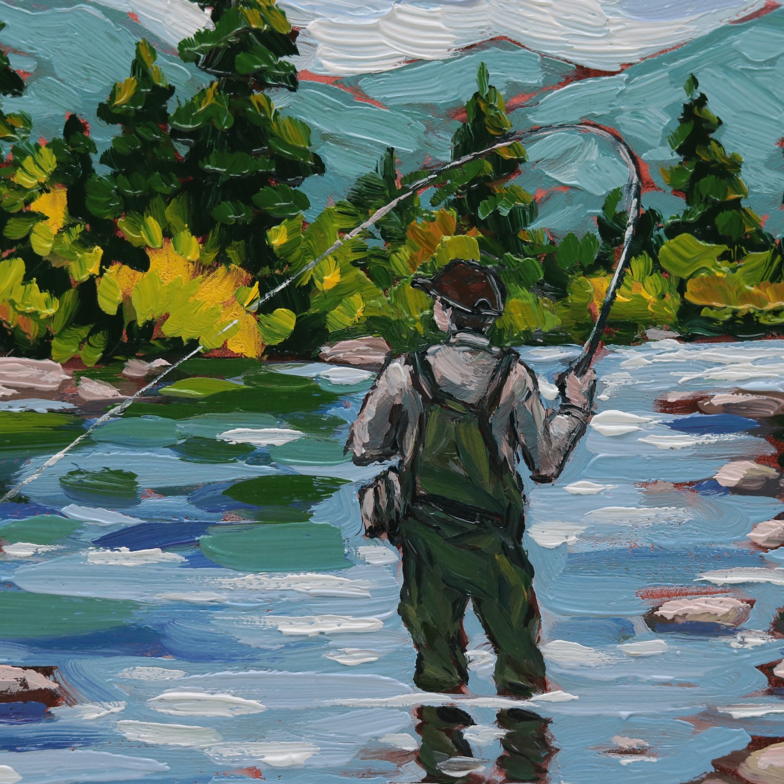 Fly Fishing Oil Painting Original River Mountain Landscape Art Impressionist Art