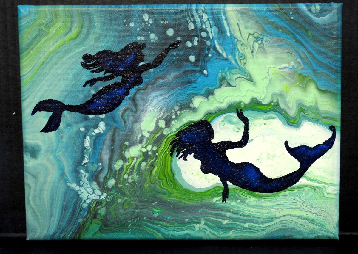12 x 9″ Seascape Acrylic Painting Under The Ocean Waves Twin Mermaids OOAK