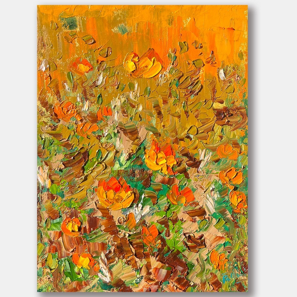 Oil painting on canvas orange Poppies 9 x 12 inch by artist Monica Fallini