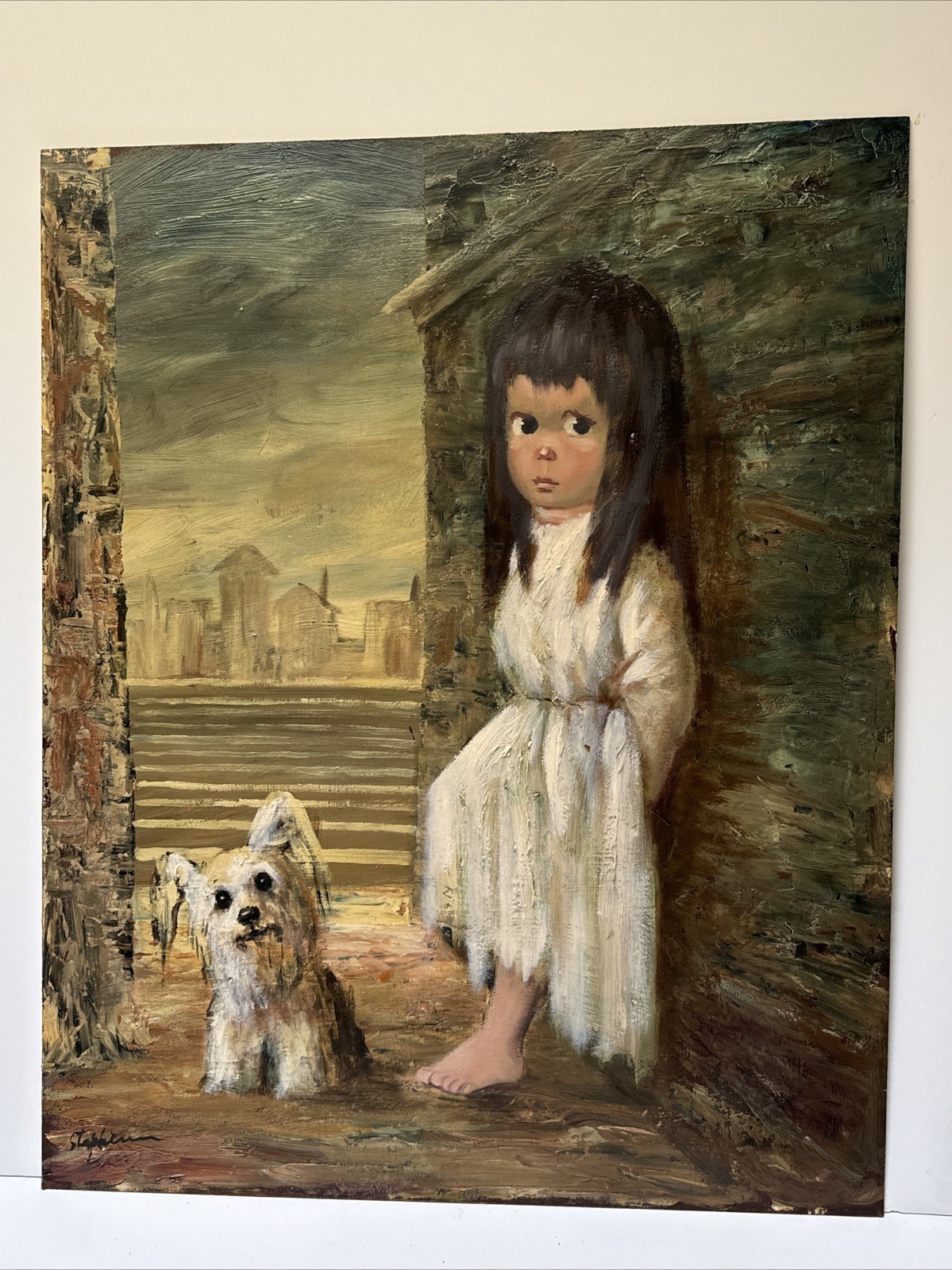 Harold Abruzzi Stephenson Painting Large Big Eye Girl Child Puppy Dog Urban Oil