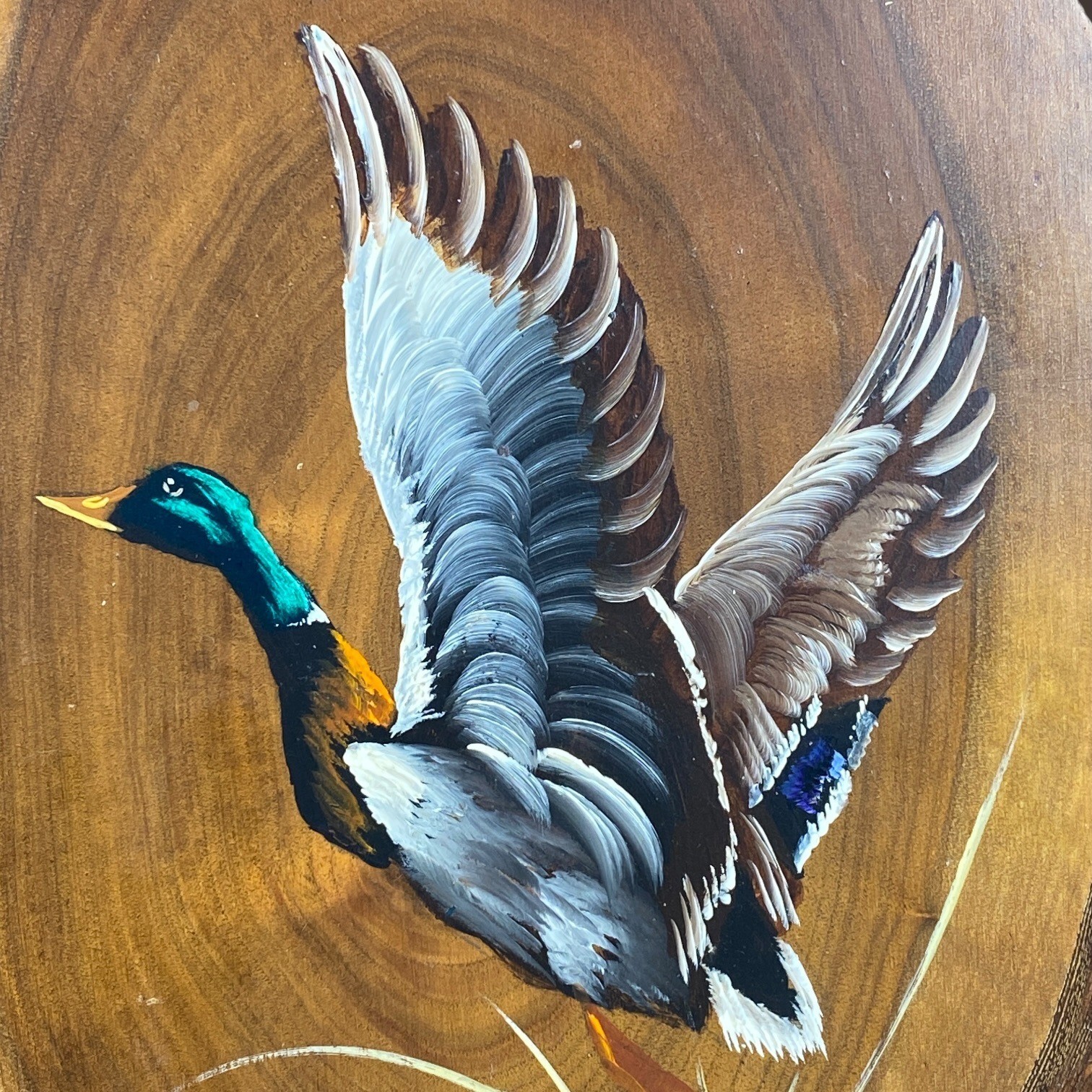 Mallard Duck Wood Slice Painting C Burns 1982 Original Wildlife Art on Live Edge