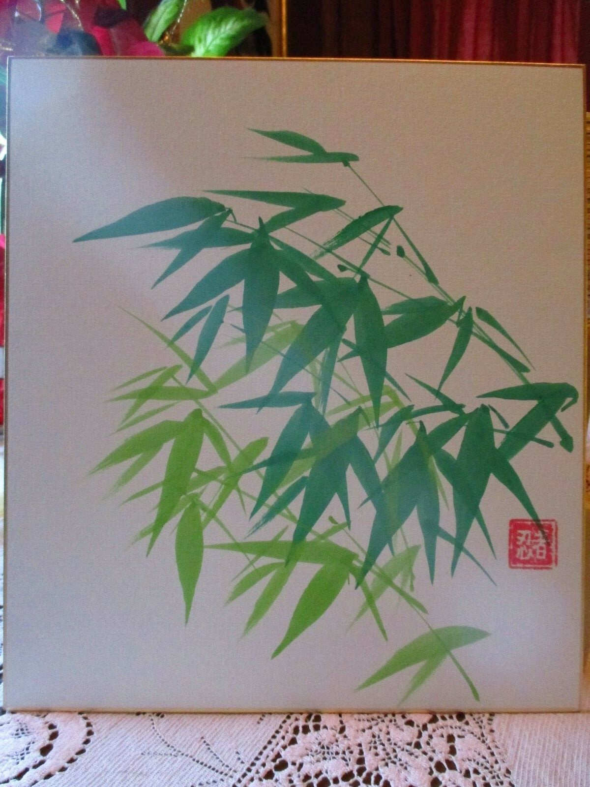 Japanese ORIGINAL PAINTING Shikishi Asian style plants bamboo Oriental love card