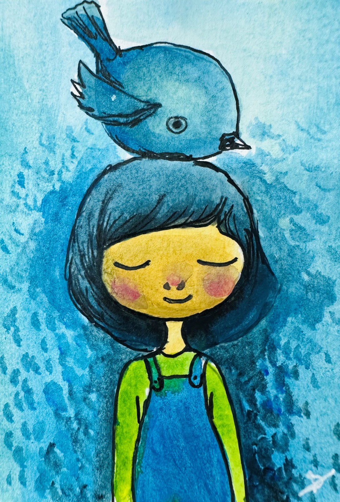 Girl With Blue Bird Cute ACEO Original Acrylic Painting Illustration Moderns Art