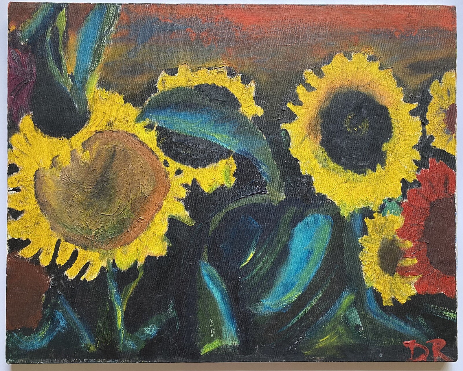 Vintage Expressionism Landscape Floral Oil Painting Field Of Sunflowers Signed