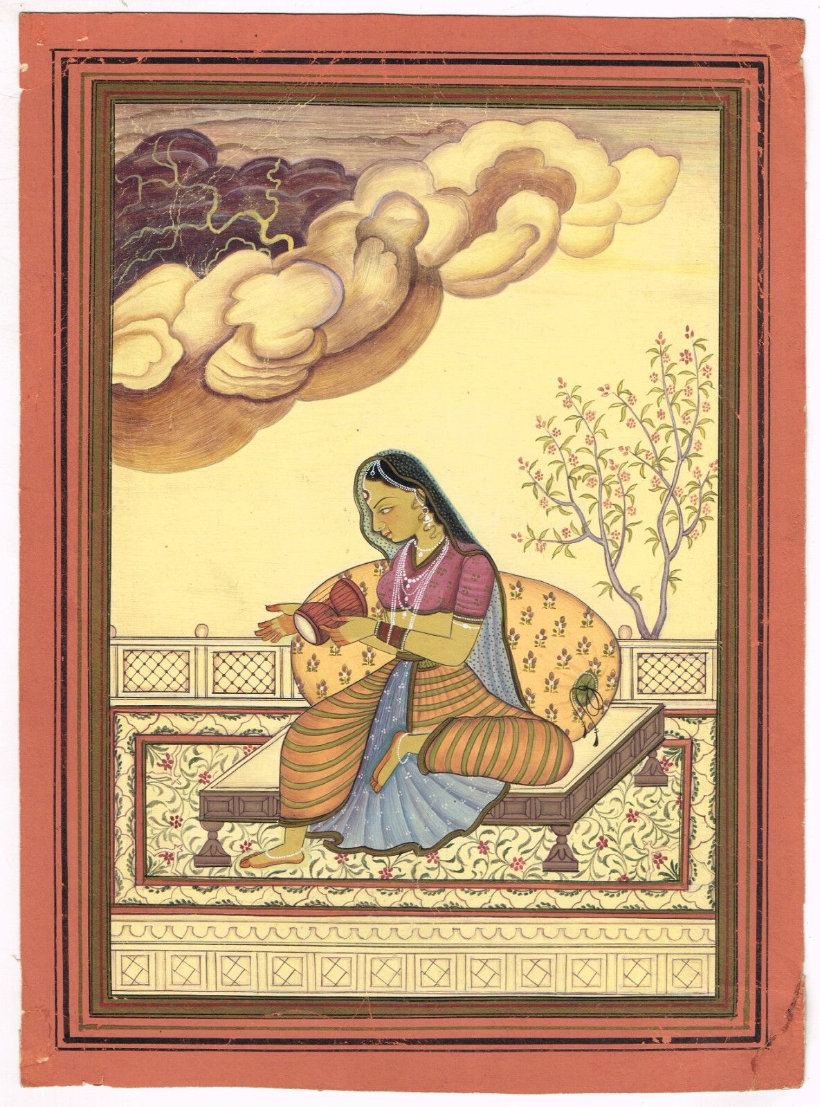 Portrait Painting Of Ragini Indian Vintage Folk Art Of Ragamala 8.5×11.5 inches