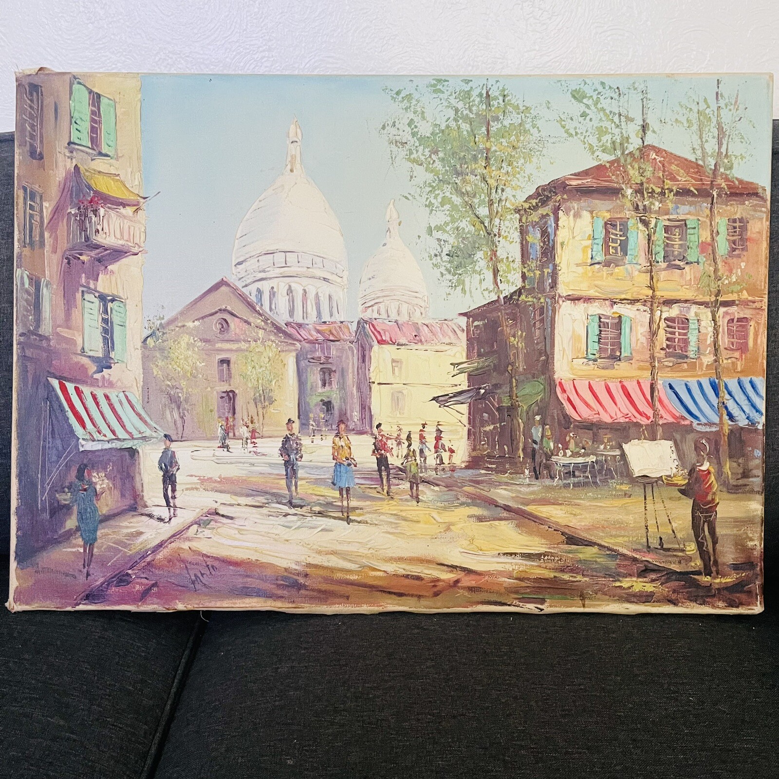 Paris City Life Street Scene Original Oil Painting signed Santo 27.5×20”