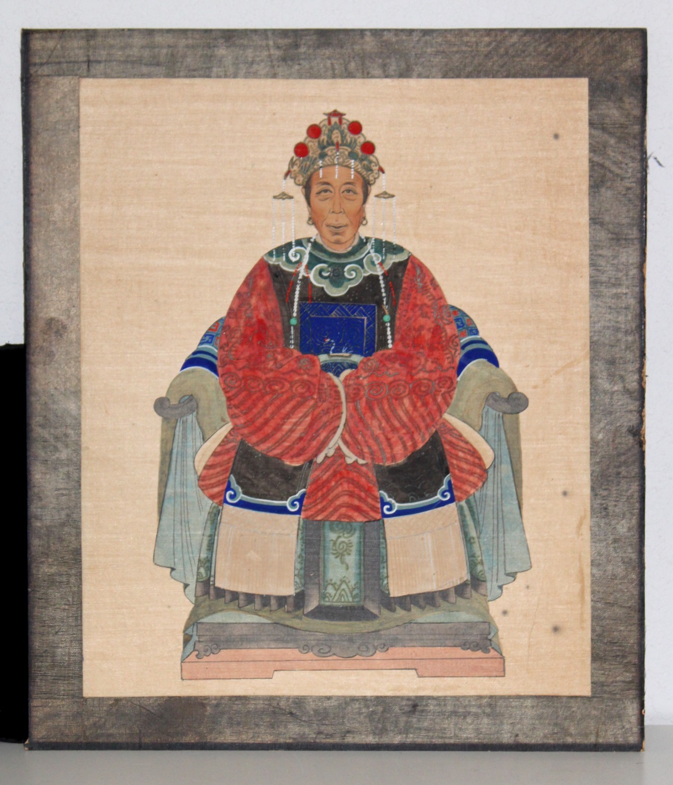 Chinese Silk Painting Emperor Empress LARGE 17×20 Antique PAIR