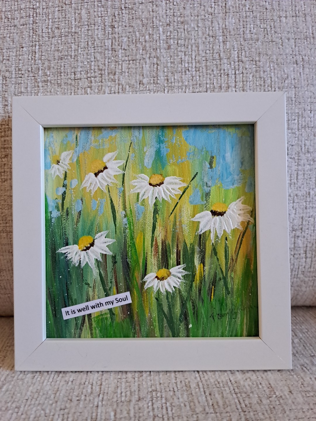 Meadow White DAISIES 6X6 Framed Original Acrylic Art «It Is Well With My Soul»