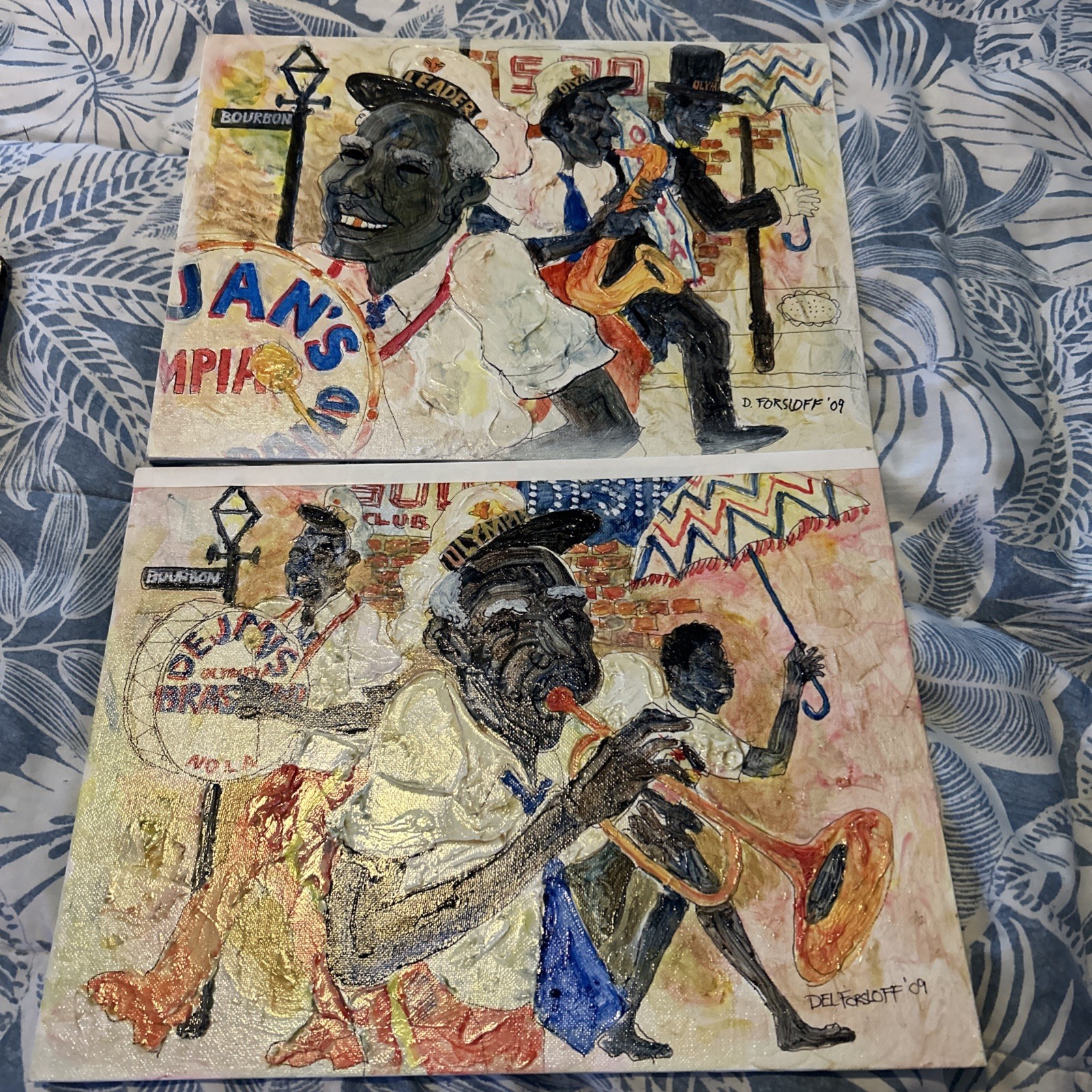 2 Original Del Forsloff New Orleand Jazz Musicians oil Painting 2009 modernism