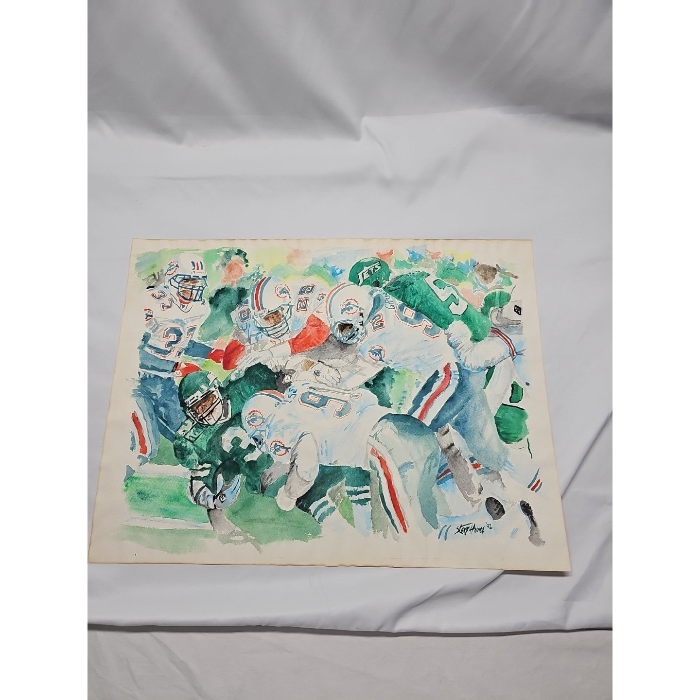 1992 Miami Dolphins NY Jets Signed Watercolor NFL Sports Art 18×23