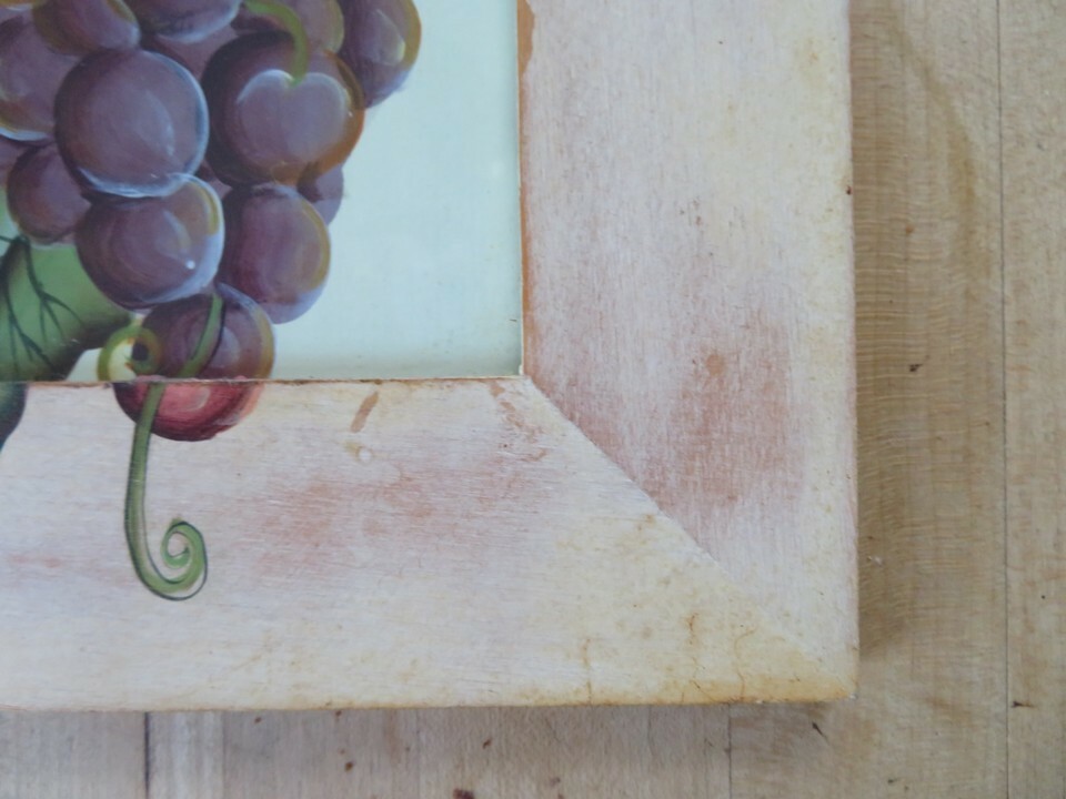 grapes VINTAGE Painting wood Original Signed artist shabby chic frame kitchen  