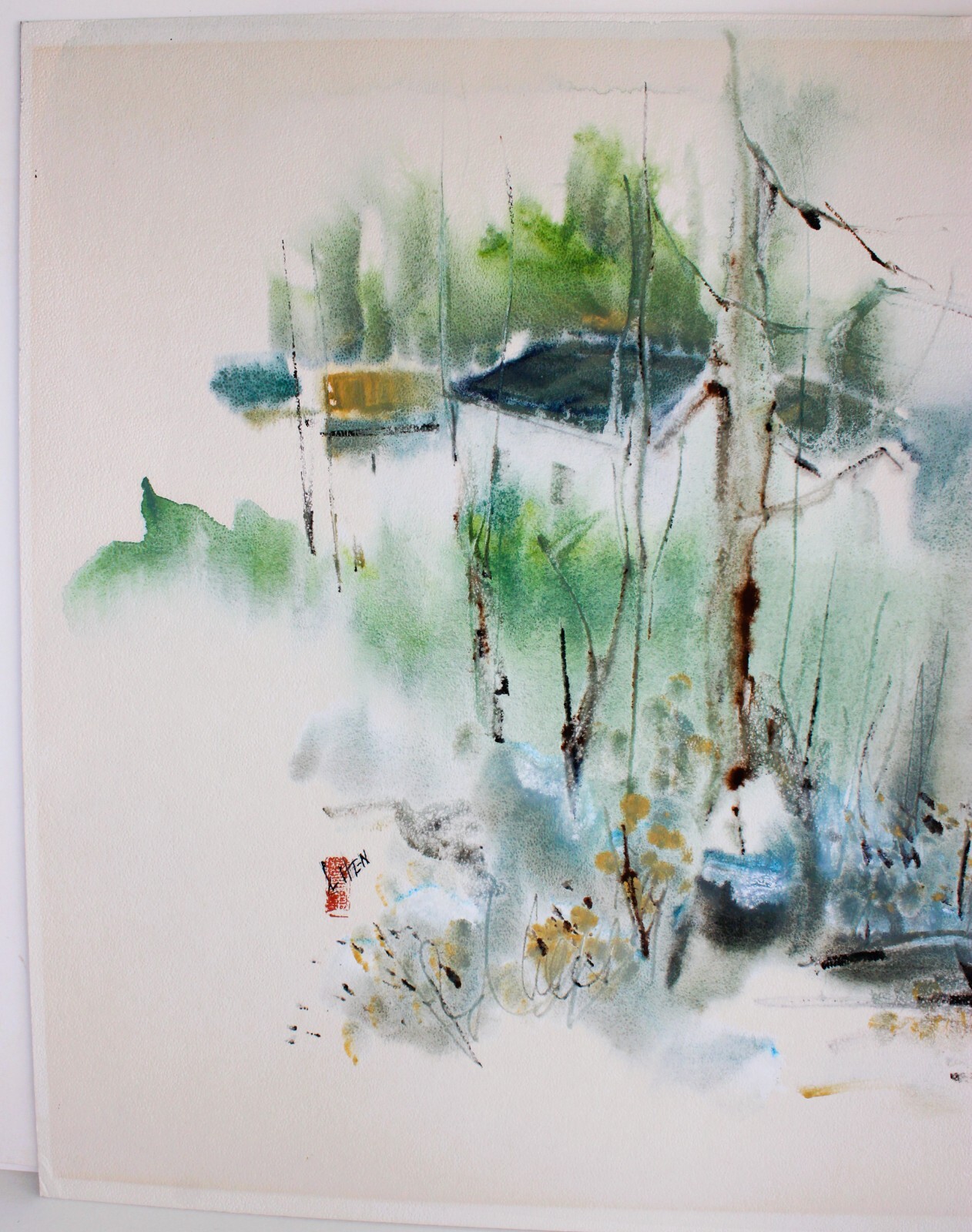 VINTAGE WATERCOLOR ON CARDBOARD SIGNED AND SEAL STAMP CHINESE ARTIST FARM HOUSE