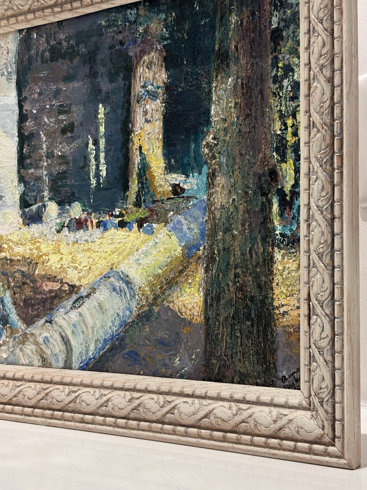 Original Signed Rustic Woodland Framed Painting, Anne Mike, Vintage Art Decor