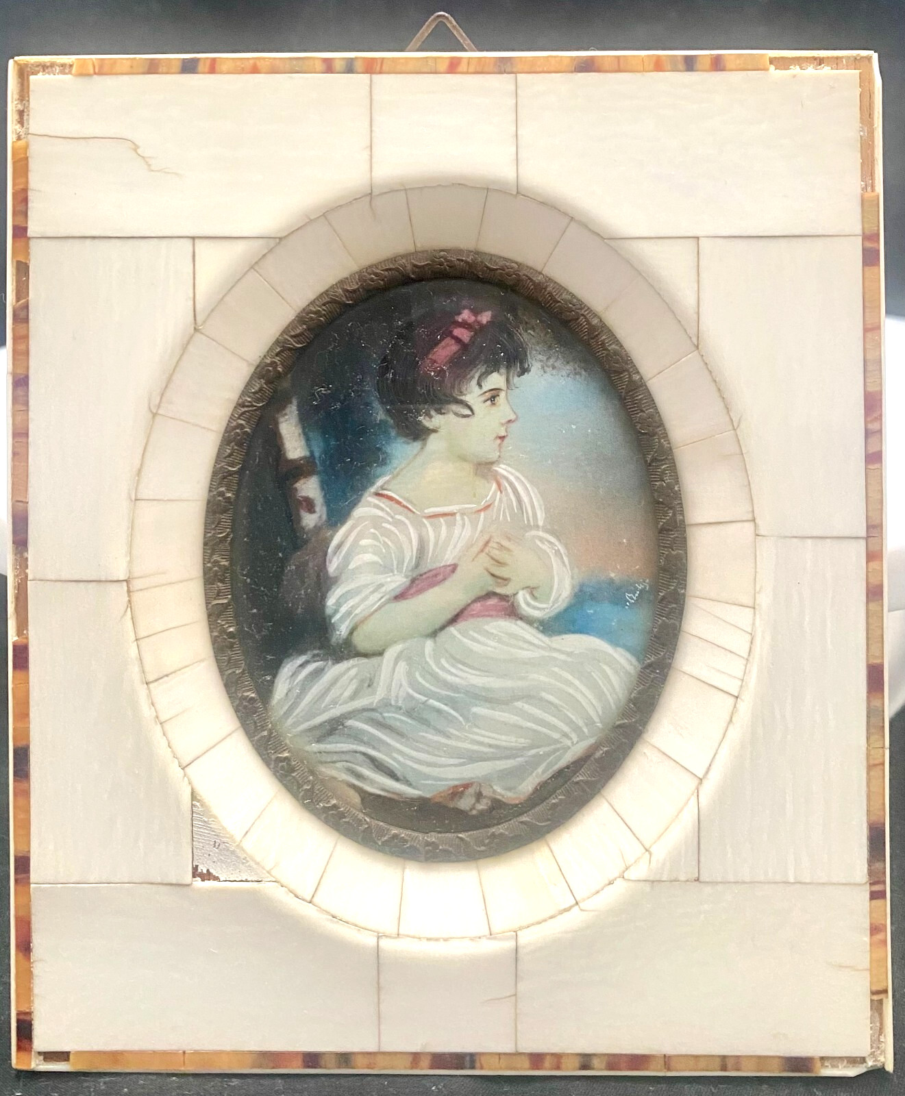 ANTIQUE MINIATURE PAINTING ‘AGE OF INNOCENCE’ PORTRAIT BRASS/IVORINE, c1900