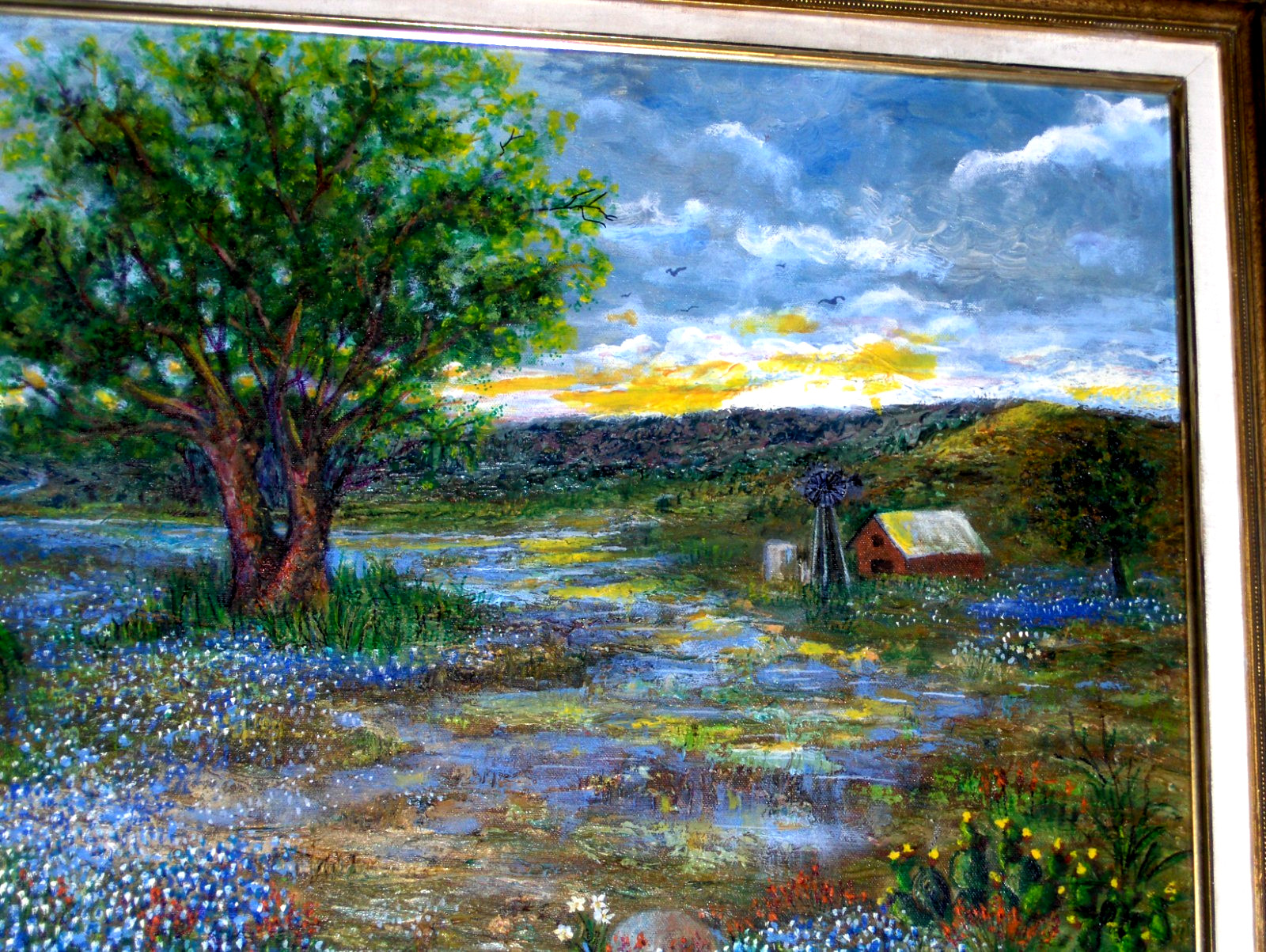 Original Bluebonnet Landscape House River Birds Blooming Yucca TX VINTAGE Oil