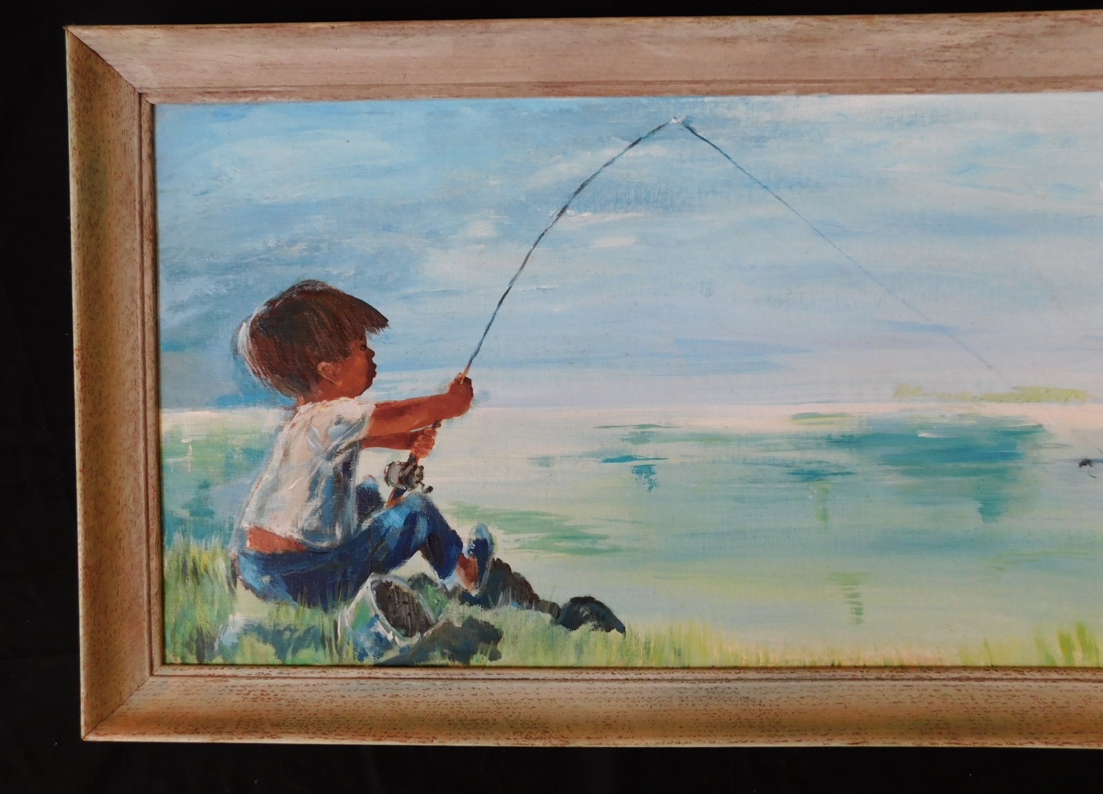 1950’s Figurative impressionist oil painting BOY FISHING Marilynn O’hare LISTED