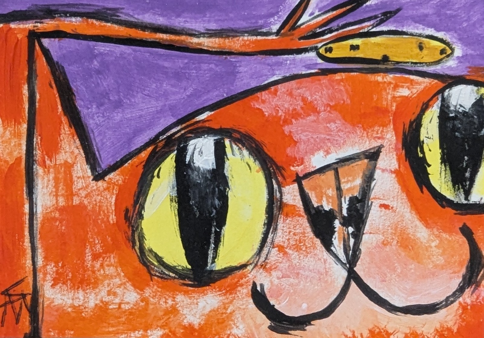 ACEO Cat Abstract Painting Original Happy Cookie Modern Folk Art Samantha McLean