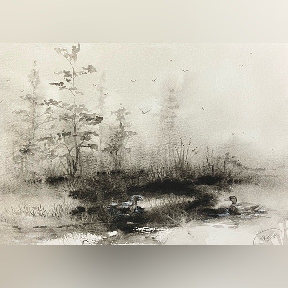 Landscape Original Ducks Painting Marsh Fog Art watercolor mix signed by artist