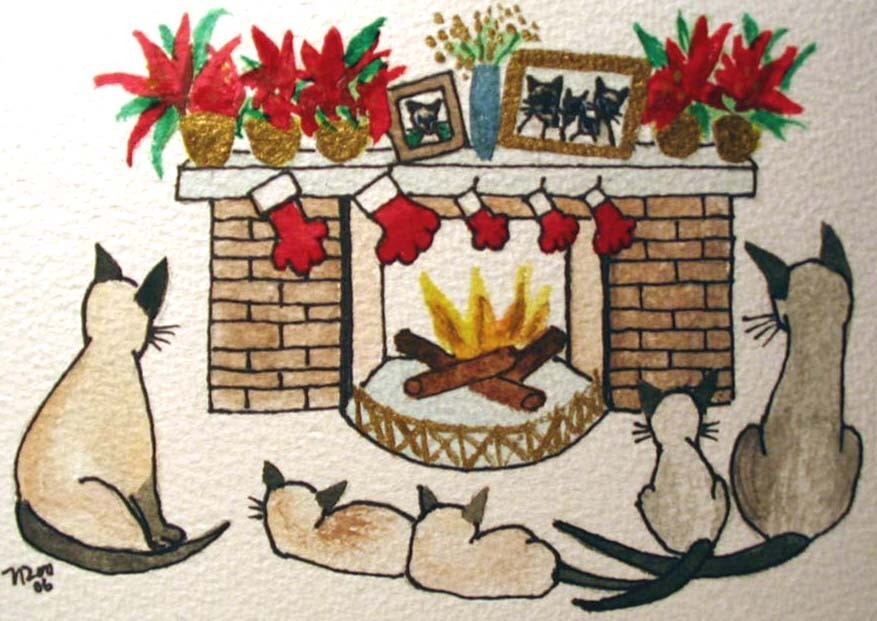 Siamese cat family at Christmas art print from Original Watercolor painting