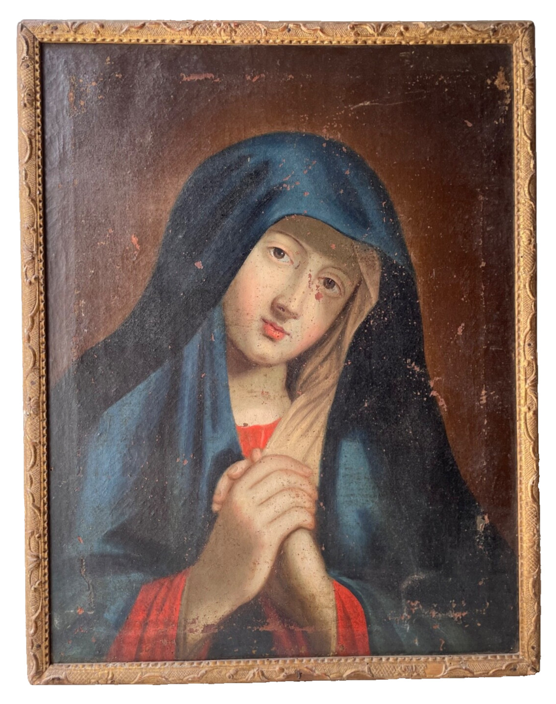 17th Century Virgin in Prayer Original Italian Baroque Old Master Oil on Canvas
