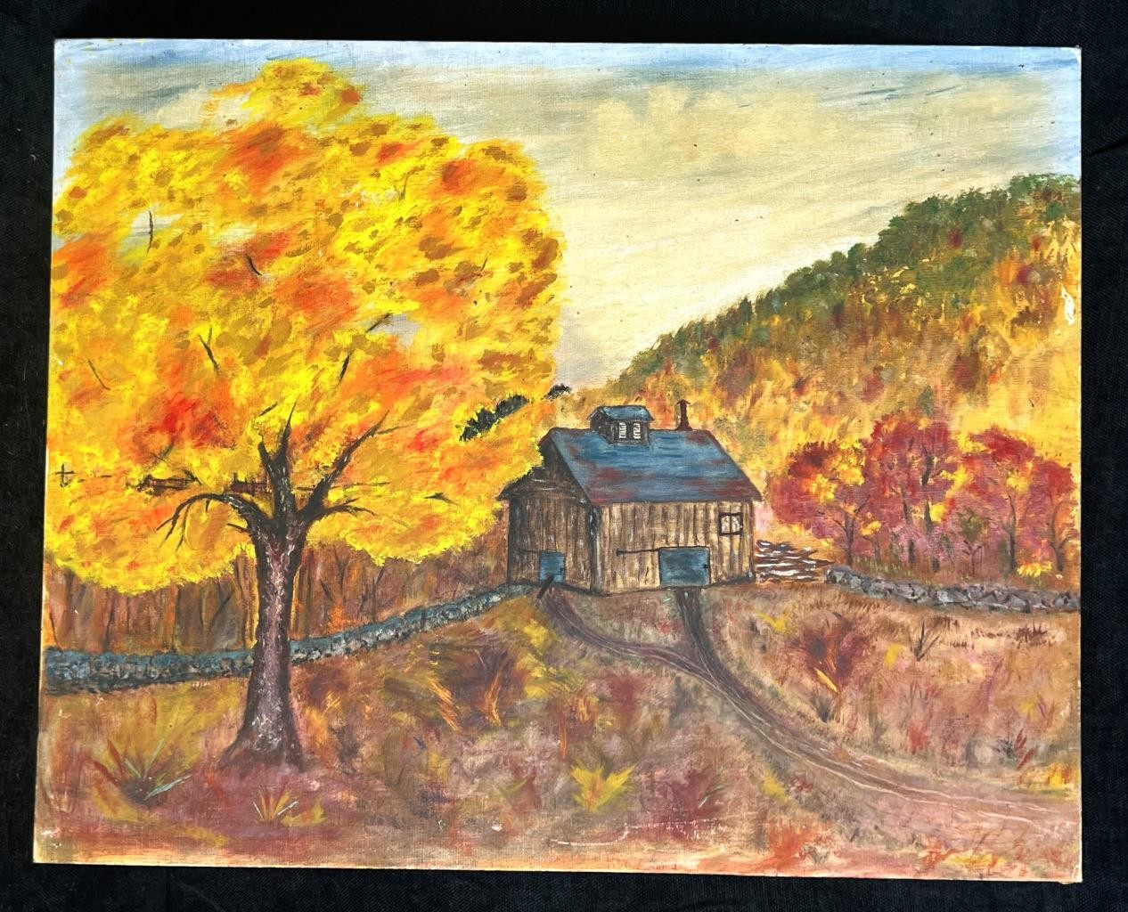Vintage Naive Folk Art Oil Painting American Mountain Landscape Rural Farm House