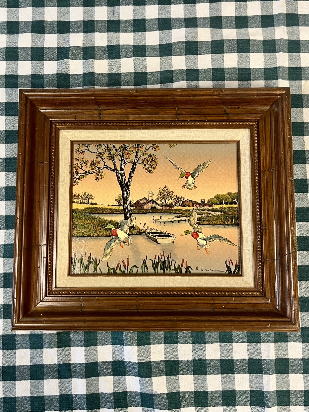 Vintage H Hargrove Signed Serigraph Oil on Canvas Ducks Flying on Pond 15×14