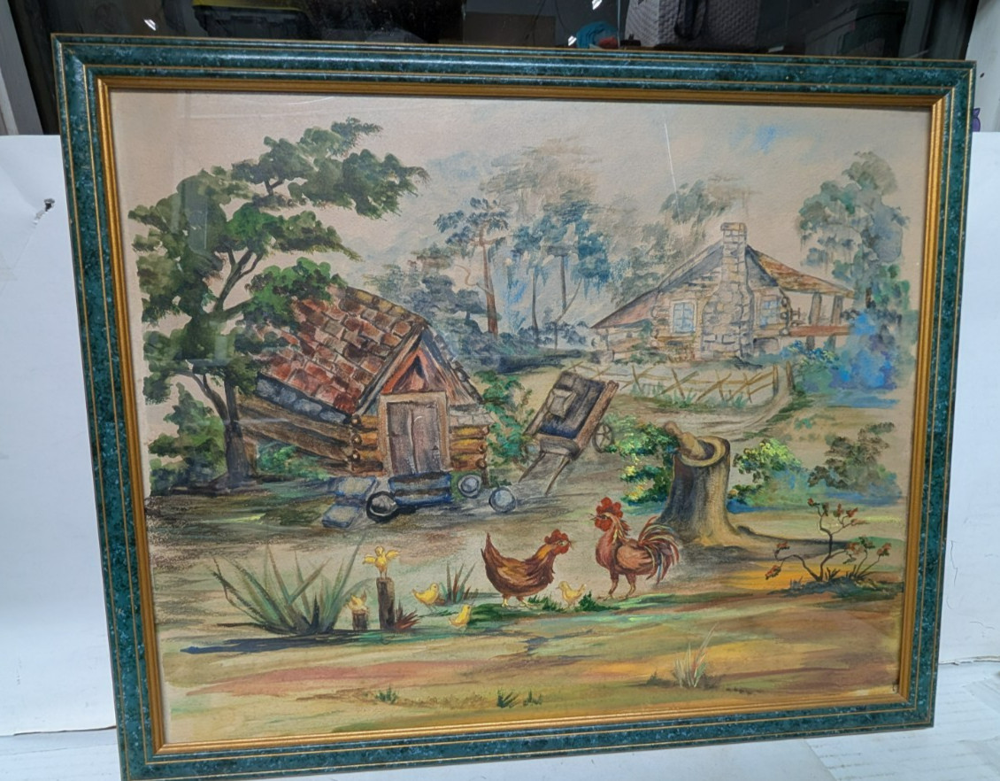 Vintage Watercolor Painting Naive Farm Scene By Anne Leblond Harding