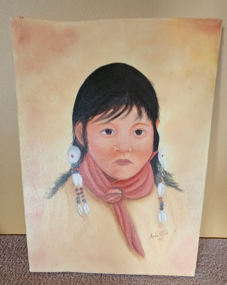 Vintage Canvas Oil Painting «Cassie Rae» Native American Girl By Marla Wild ’99