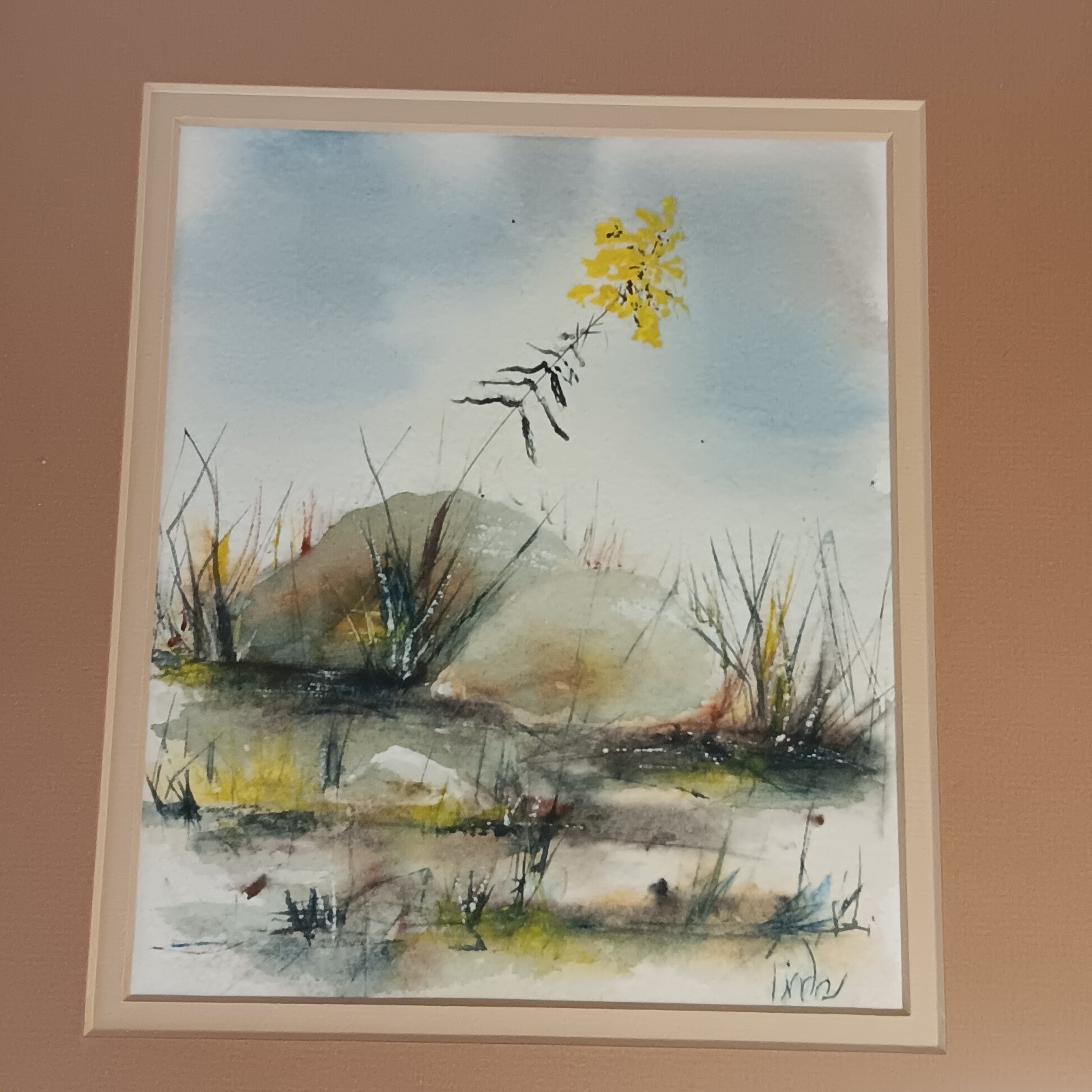 Watercolor Marsh Landscape Yellow Flower Grass Dunes Sky Matted Wood Frame 15×12