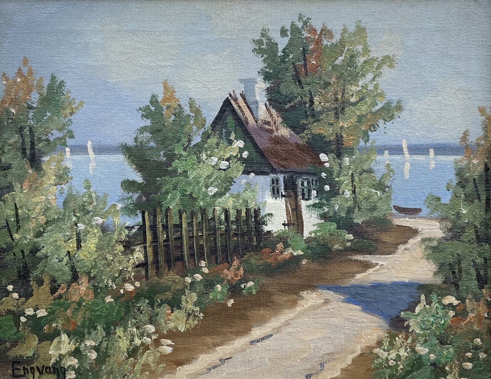 Impressionist Summer Landscape Cottage With Garden By The Sea Coast Sailboats