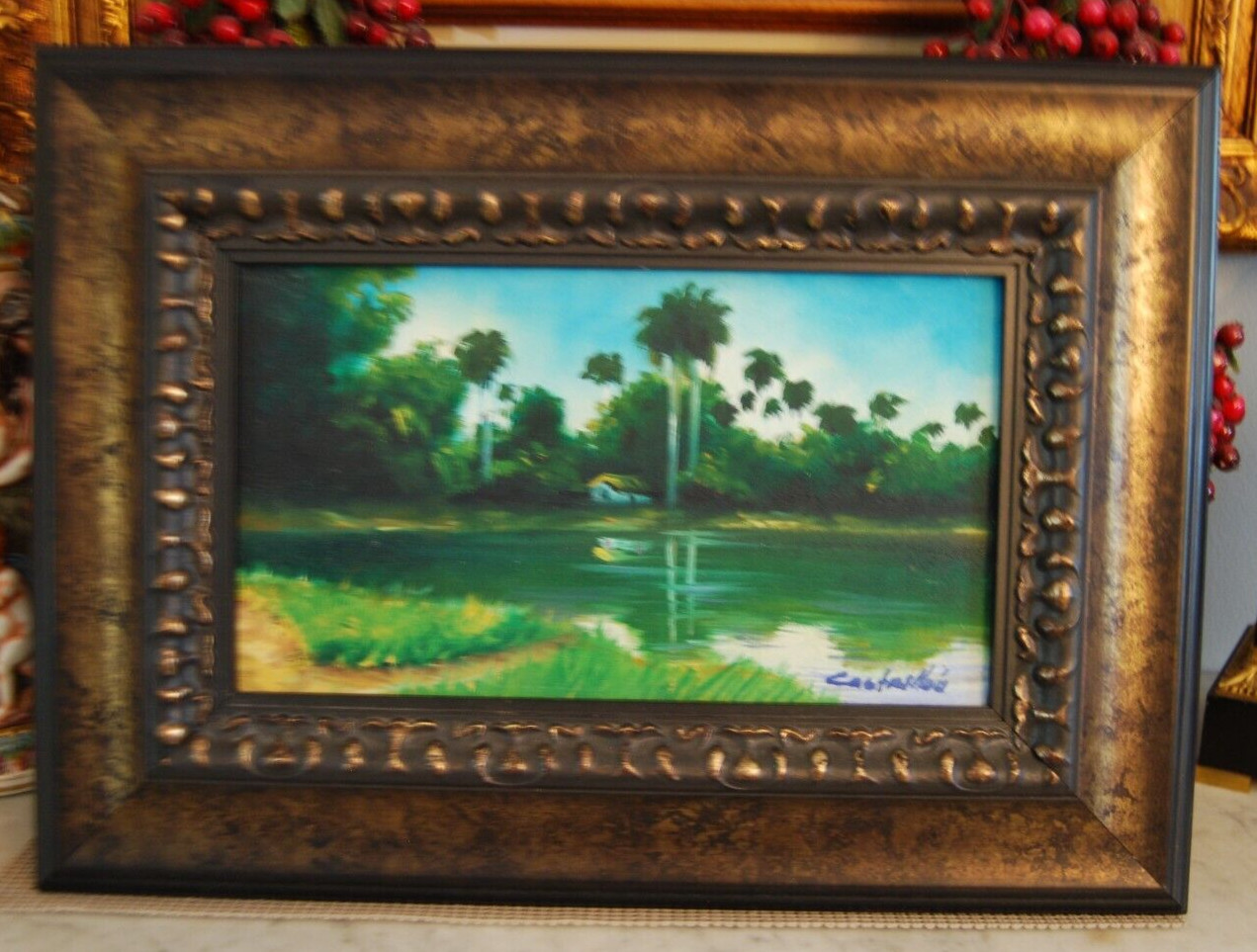 FRAMED SIGNED OIL PALMS AND HUT (BOHIO) A CUBAN COUNTRY SCENE ARTIST: CASTRILLON