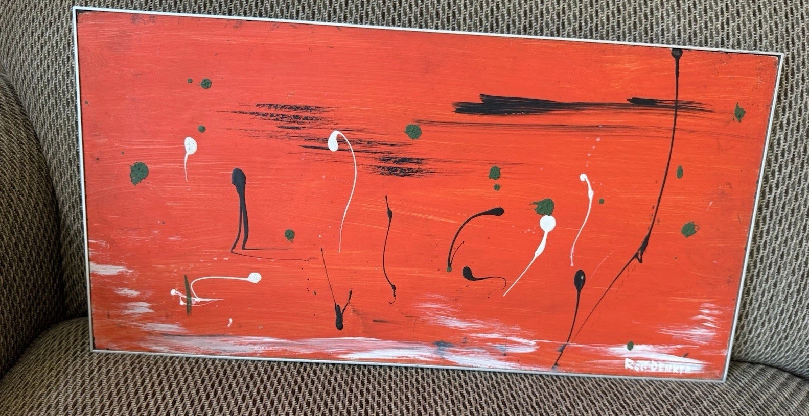 Mid Century Modern Abstract Painting Signed Denker 24×13 Atomic MCM