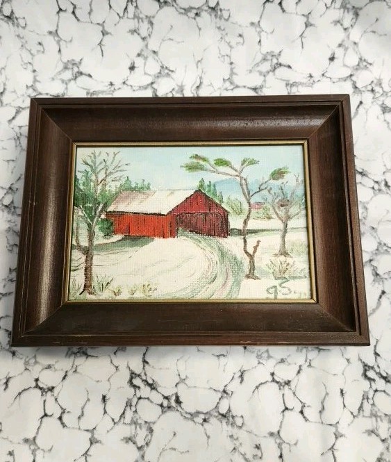 Original Artist Signed Red Barn Winter Scene Framed Picture 9″X 7″.