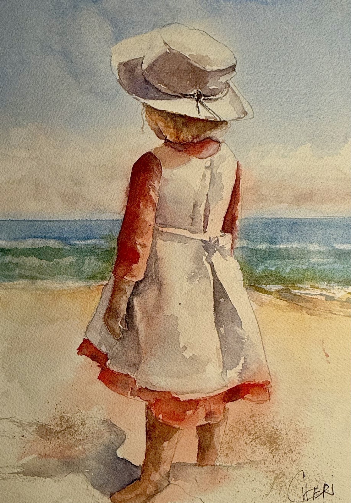 Original Signed Watercolor Painting Little Girl at the Beach