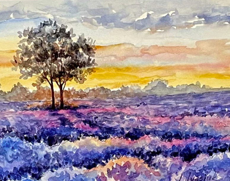 PAINTING WATERCOLOR ART ORIGINAL LAVENDER FIELD TREE PURPLE PINK 8X10 MAT 16X20