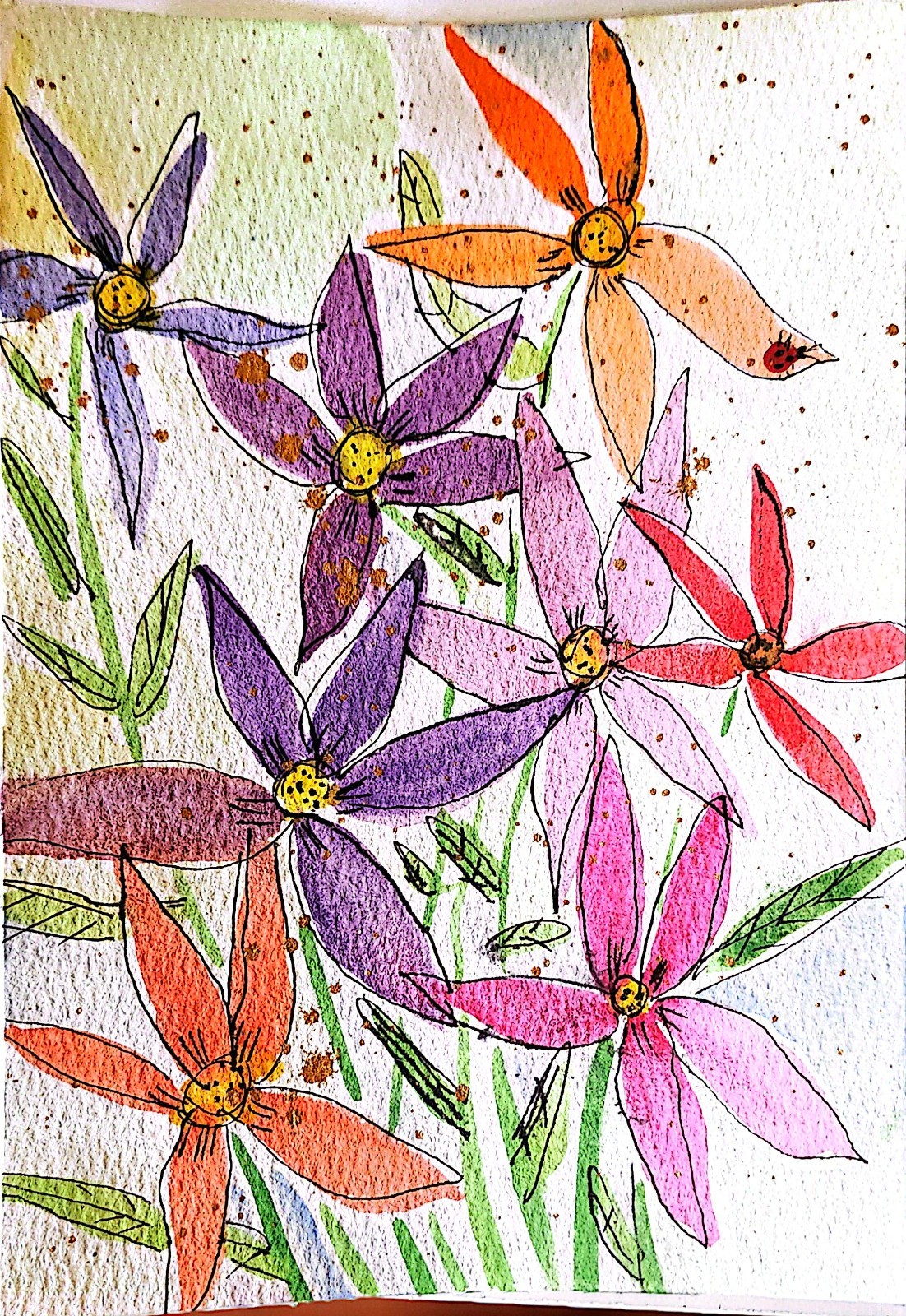 Colorful Blooms Abstract Impressionist Watercolor 5×7 On Linen Paper Signed